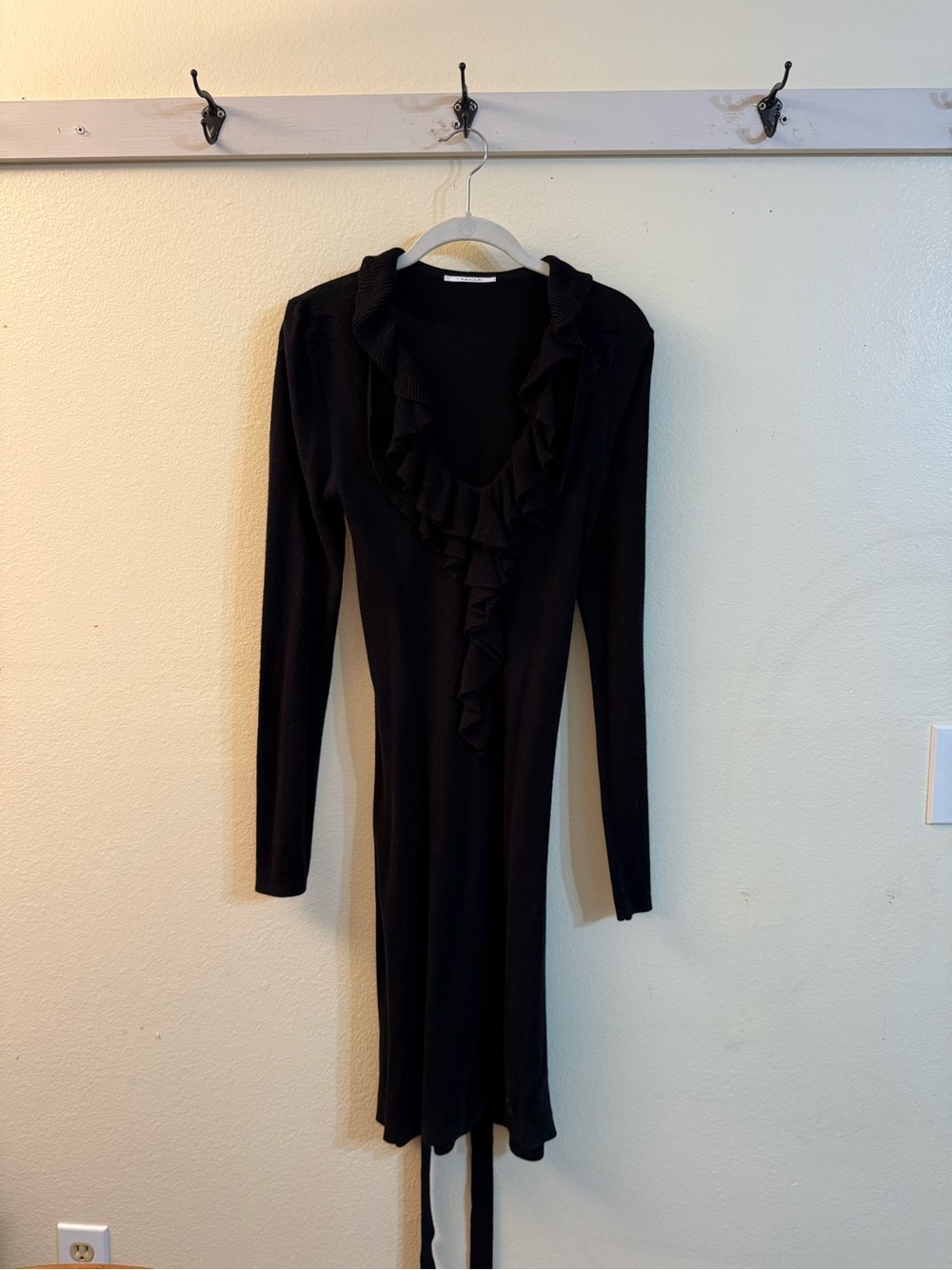 Tahari Black Long-Sleeve Ruffle-Front Knit Dress